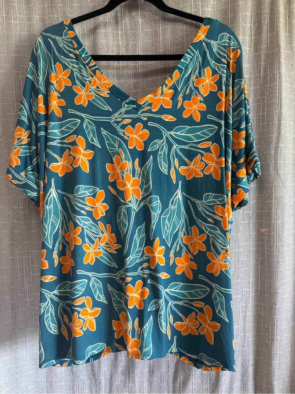 Kahulale’a Women's Teal Floral V-Neck Blouse with Orange Blooms